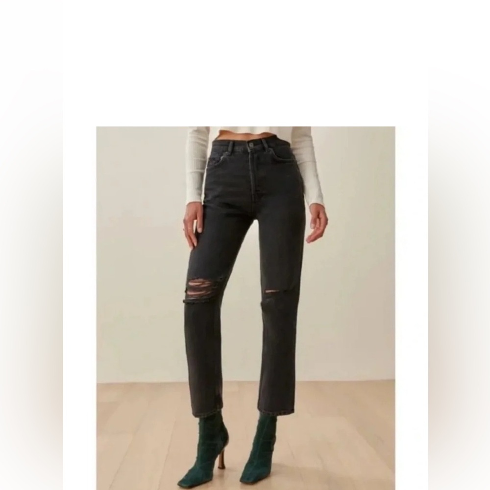 REFORMATION Cynthia Straight Jeans Lagoon Destroyed Black Denim size 27